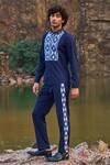 Dash And Dot_Blue 2% Lycra, 35% Viscose, 63% Polyester Geometric Jacquard Tuxedo Stripe Pant_Online_at_Aza_Fashions
