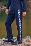 Shop_Dash And Dot_Blue 2% Lycra, 35% Viscose, 63% Polyester Geometric Jacquard Tuxedo Stripe Pant_Online_at_Aza_Fashions