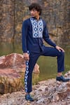 Shop_Dash And Dot_Blue 2% Lycra, 35% Viscose, 63% Polyester Geometric Pattern Jacquard Pant Set _Online_at_Aza_Fashions