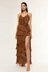 Buy_Deme By Gabriella_Brown Chiffon Halter Neck Lisa Ruffle Layered Gown _Online_at_Aza_Fashions