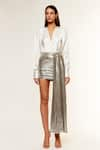 Buy_Deme by Gabriella_White Satin Plain Deep V Neck Carol Shirt And Draped Skirt Set _Online_at_Aza_Fashions