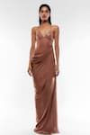 Deme By Gabriella_Pink Georgette, Net, Chiffon Sequins V-neck Strappy Draped Gown _Online_at_Aza_Fashions