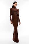 Deme by Gabriella_Brown Net And Malai Lycra High Neck Draped Gown _Online_at_Aza_Fashions