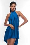 Deme By Gabriella_Blue Satin Halter Neck High Low Hem Dress _Online_at_Aza_Fashions