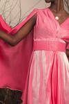 House Of Fett_Pink Satin And Lurex V Neck Attached Drape Gown With Quilted Belt _Online_at_Aza_Fashions