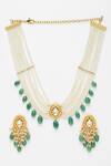 Dugran By Dugristyle_Orange Pearls, Stones Emerald Embellished Pendant Necklace Set _Online_at_Aza_Fashions