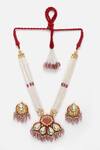 Dugran By Dugristyle_Pink Pearls, Stones, Gota Patti Tear Drop Shaped Pendant Necklace Set _Online_at_Aza_Fashions