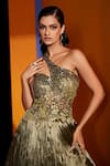 Roqa_Gold Organza Hand Embroidered Sequins One Shoulder Gown _Online_at_Aza_Fashions