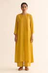 Dot_Yellow Cotton, Silk Embroidery Round Neck Yoke Kurta And Pant Set _Online_at_Aza_Fashions