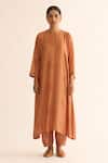 Dot_Orange Hemp, Silk Embroidery Round Neck Evani Printed A-line Kurta And Pant Set _Online_at_Aza_Fashions