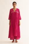Dot_Pink Cotton Hand Embroidered Resham And Pitta Work Mrinal Pleated Kurta & Pant Set_Online_at_Aza_Fashions