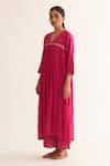 Buy_Dot_Pink Cotton Hand Embroidered Resham And Pitta Work Mrinal Pleated Kurta & Pant Set_Online_at_Aza_Fashions
