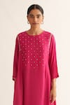 Buy_Dot_Pink Cotton Embroidery Round Neck Hand Kurta And Pant Set _Online_at_Aza_Fashions