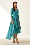 Koashee By Shubitaa_Blue Silk Embroidery V-neck High Low Wrap Dress _Online_at_Aza_Fashions