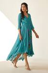 Shop_Koashee By Shubitaa_Blue Silk Embroidery V-neck High Low Wrap Dress _Online_at_Aza_Fashions