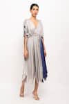 Neora By Nehal Chopra_Grey Bemberg Modal Silk V Neck Colorblock Asymmetrical Angrakha Dress _Online_at_Aza_Fashions