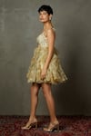 RI.Ritu Kumar_Beige Silk, Viscose Embroidery V-neck Aria Floral Ruffle Dress _Online_at_Aza_Fashions