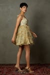 Buy_RI.Ritu Kumar_Beige Silk, Viscose Embroidery V-neck Aria Floral Ruffle Dress _Online_at_Aza_Fashions