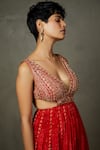 Shop_RI.Ritu Kumar_Red Chiffon, Viscose Embroidery Plunge Neck Villa Floral Dress _Online_at_Aza_Fashions