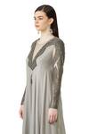 Buy_Rohit Gandhi + Rahul Khanna_Grey Silk Georgette Embellished Metallic Sequin Yoke And Sleeve Flared Gown _Online_at_Aza_Fashions