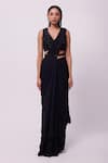 Shop_Onaya_Black Georgette Embellished Blouse And Ruffle Pre-draped Saree Set _Online_at_Aza_Fashions