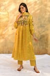 Label Niti Bothra_Yellow Pure And Handwoven Banarasi Silk Embroidery Floral V Yoke Kurta & Pant Set _Online_at_Aza_Fashions