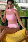 Goya Swim Co_Pink Repreve (recycled Polyster) Solid High Neck Mesh Work Monokini  _Online_at_Aza_Fashions