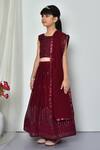 Banana Bee_Wine Pure Georgette Embroidered Sequin Threadwork Lehenga Set_at_Aza_Fashions
