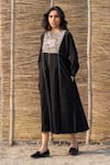 Ayaka_Black Corduroy Embroidery Round Neck Panelled Dress _Online_at_Aza_Fashions