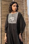 Buy_Ayaka_Black Corduroy Embroidery Round Neck Panelled Dress _Online_at_Aza_Fashions