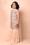 Shop_Priyanka Jain_Peach Chanderi, Georgette, Organza Sequins, Mughal Print Kurta Sharara Set _Online_at_Aza_Fashions
