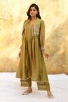 Buy_Label Niti Bothra_Green Pure And Handwoven Banarasi Silk With Floret Jacket Kurta & Palazzo Set _Online_at_Aza_Fashions