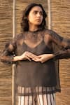 Ayaka_Black Silk Organza, Viscose Embroidery Round Neck Sheer Top _Online_at_Aza_Fashions