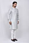 Shop_Arihant Rai Sinha_Grey Kurta Art Silk Stand Collared And Pant Set _Online_at_Aza_Fashions