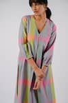 Buy_Tussah By Siddhi Shah_Grey Cotton Printed Checkered V Neck Kurta  _Online_at_Aza_Fashions