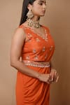 Label Nitisha_Orange Georgette Hand Embroidered Mukaish V Pre-draped Pant Saree And Blouse Set _Online_at_Aza_Fashions