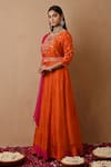 Label Nitisha_Orange Raw Silk Hand Embroidered Moti Keyhole Round Yoke Anarkali With Dupatta _Online_at_Aza_Fashions