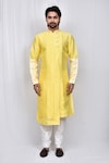 Buy_Arihant Rai Sinha_Yellow Art Silk Patterned Jacquard Asymmetric Kurta Pant Set_Online_at_Aza_Fashions