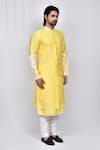 Shop_Arihant Rai Sinha_Yellow Art Silk Patterned Jacquard Asymmetric Kurta Pant Set_Online_at_Aza_Fashions
