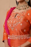 Buy_Label Nitisha_Orange Raw Silk Hand Embroidered Moti Keyhole Round Yoke Anarkali With Dupatta _Online_at_Aza_Fashions