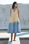 Buy_The Loom Art_Blue Handwoven Chanderi Silk Embroidered Flowers Boat Ombre Dress  _Online_at_Aza_Fashions