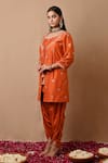 Buy_Label Nitisha_Orange Cotton Silk Hand Embroidered Dabka Jacket V Neck Dhoti Pant Set _Online_at_Aza_Fashions