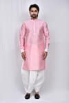 Buy_Arihant Rai Sinha_Pink Kurta Cotton Embroidered Thread Work Mandarin Collar Dhoti Pant Set _Online_at_Aza_Fashions