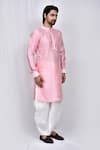 Shop_Arihant Rai Sinha_Pink Kurta Cotton Embroidered Thread Work Mandarin Collar Dhoti Pant Set _Online_at_Aza_Fashions