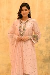 Label Niti Bothra_Pink Pure And Handwoven Banarasi Silk Embroidery Rosette & Floral Kurta Set _Online_at_Aza_Fashions