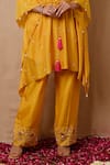 Label Nitisha_Yellow Cotton Silk Embroidered Pearl Keyhole Boat Asymmetric Kaftan And Pant Set _Online_at_Aza_Fashions