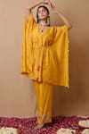 Buy_Label Nitisha_Yellow Cotton Silk Embroidered Pearl Keyhole Boat Asymmetric Kaftan And Pant Set _Online_at_Aza_Fashions