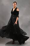 Buy_JYOTI SACHDEV IYER_Black Velvet Embroidery Bead V Neck Cold Shoulder Gown _Online_at_Aza_Fashions