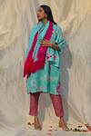 Buy_Studio Malang_Blue Handloom Cotton Wool Dyed Tie V Neck Phiran And Pant Set _Online_at_Aza_Fashions