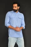 Buy_SAMMOHAN CEREMONIAL_Blue Linen Viscose Plain Solid Band Collar Pathani _Online_at_Aza_Fashions